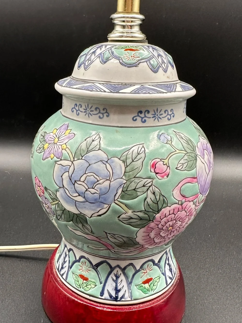 Vintage Chinese Porcelain Ginger Jar Mini Lamp – Celadon Peony Floral, Wood Base